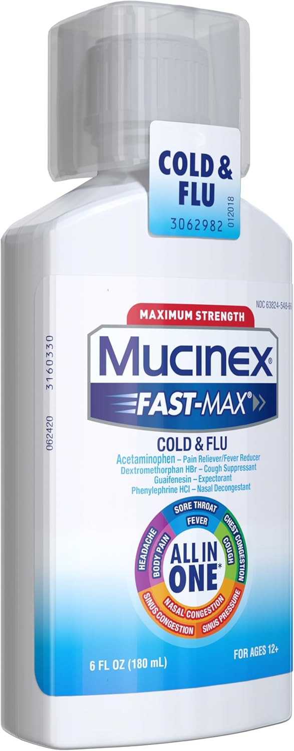 Mucinex Maximum Strength Fast-Max Cold & Flu and Nightshift, All-in-One Multi Symptom Relief Liquid, 6 Fl Oz - 2 Count (Pack of 1)