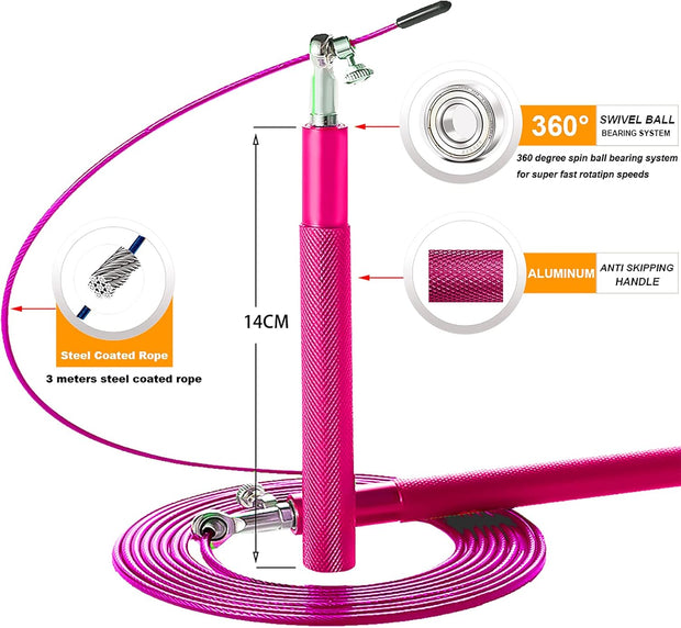 Speed Jump Rope - 360° Swivel Ball Bearing - Adjustable steel coated rope-Aluminum Anti Skipping Handle -Fitness Training Boxing Sports Exercises -Suitable for Kids and Adults