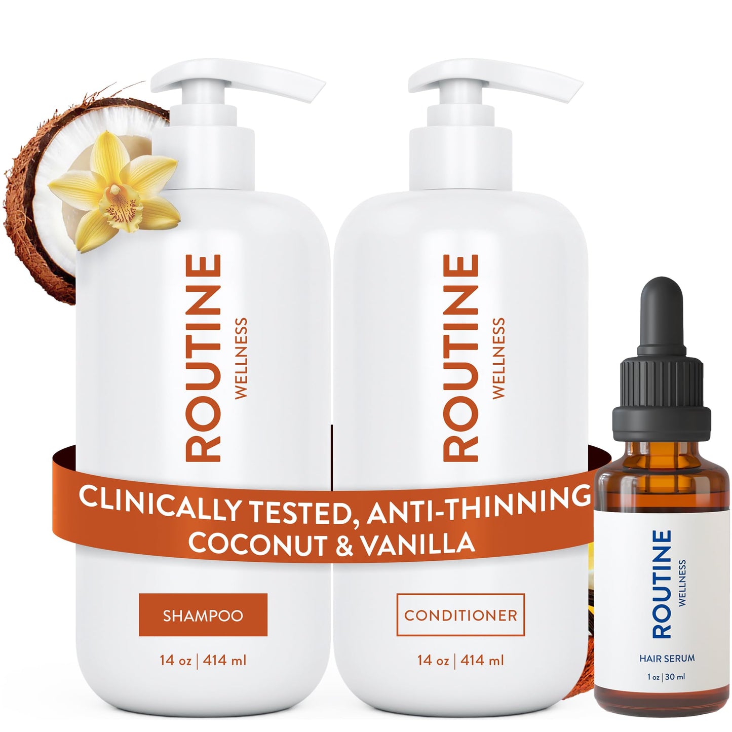 Routine Wellness Anti-Thinning Shampoo and Conditioner Set for Thinning Hair - Biotin DHT Blocker Women & Men - Color Safe Shampoo for Hair Loss & Healthier Hair - Coconut & Vanilla (Pack of 2)