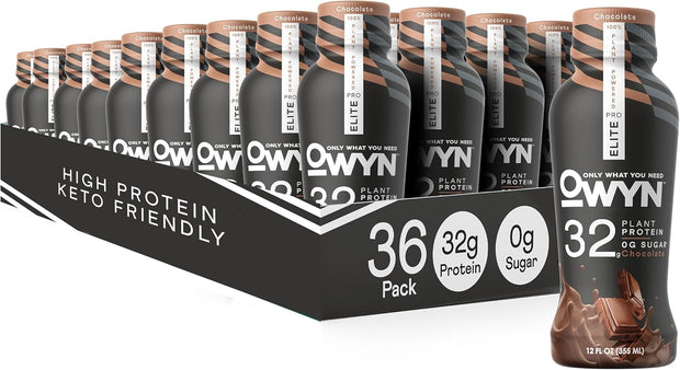 OWYN Only What You Need Pro Elite Vegan High Protein Keto Shake, 32g Protein, 9 Amino Acids, Omega-3, Prebiotics, Superfoods Greens for Workout and Recovery, 0g Net Carbs, Zero Sugar (Chocolate, 12 Fl Oz (Pack of 36)