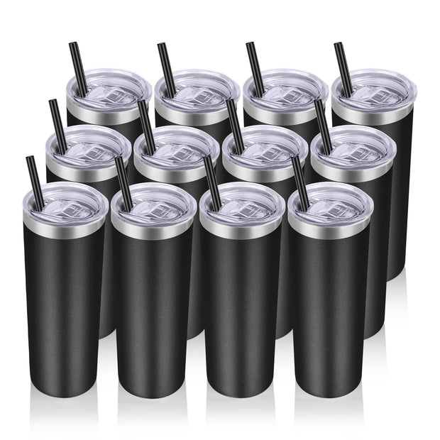 VEGOND Stainless Steel Tumblers Bulk 12 Pack, 20 oz Vacuum Insulated Skinny Tumblers with Lids and Straws, Double Wall Coffee Mug, Travel Water Cup, White