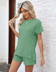 LOMON Womens Fashion 2 Piece Outfits Sweatsuits 2025 Summer Short Sleeve Loungewear Tracksuit Round Neck Lounge Shorts Sets