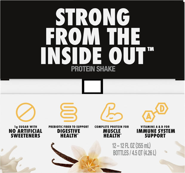 Oikos Protein Shake, Vanilla, 30g High Protein Drinks, Shelf Stable, Ready to Drink, 5g Prebiotic Fiber, 12 fl oz Bottle, 12 Count​