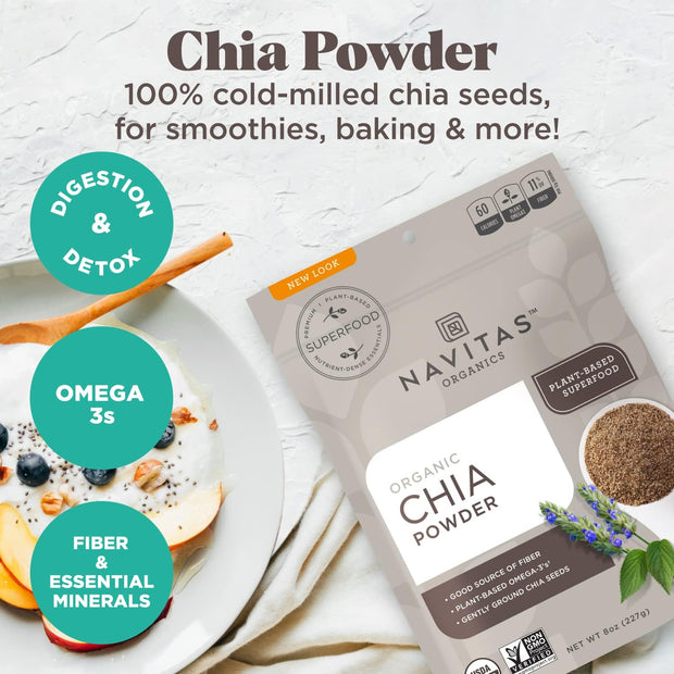 Navitas Organics Chia Seeds – For Chia Pudding, Smoothies, Baking, Salads & More – Omega 3, Fiber, Minerals - USDA Organic, Non GMO, Kosher, Gluten Free, Keto (16oz. Bag, 15 Servings)