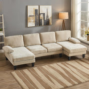 Karl home U-Shape Sectional Sofa Couch 111" Modern 4-Seat Sofa with Chaises Chenille Fabric Upholstered Covertible Couch with Wood Grain Legs for Living Room, Reception Room, Apartment, Beige