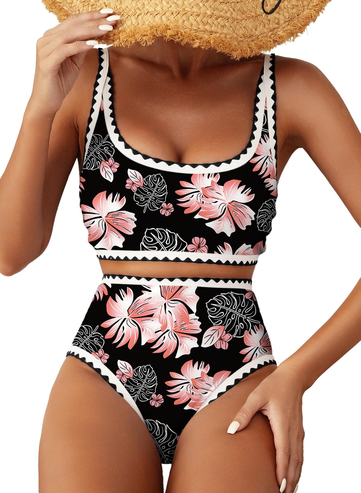 Herseas Women's Bikini Sets Floral Print Whip Stitch 2 Piece Swimsuits High Waisted Scoop Bathing Suits