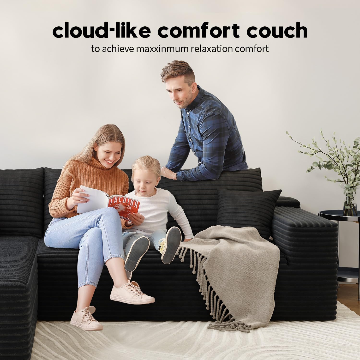 107.5" Cloud Modular Sectional Sofa with 1 Ottoman,Modern Minimalist Upholstered Couches, Comfort U Shaped Sofa for Living Room,Deep Seat Corner Couch，No Assembly Required (Black,Left Facing Chaise)