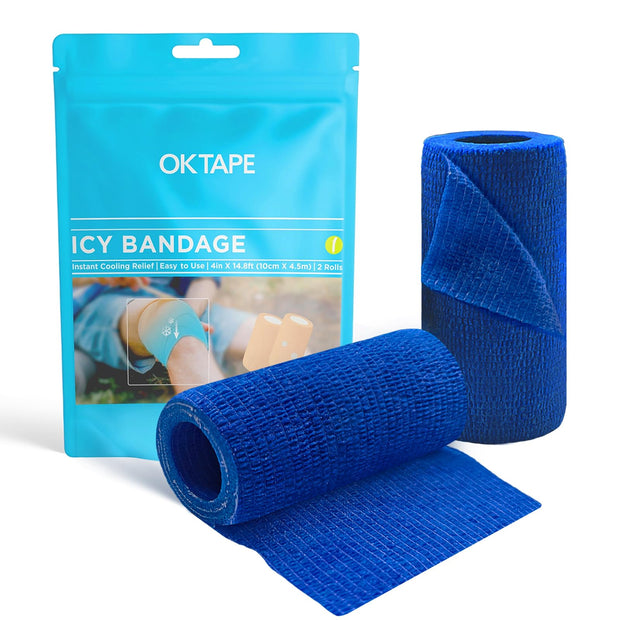 OK TAPE 2 Rolls Ice Self Stick Bandage Wrap, Instant Cold Relief for Knee, Ankle, Wrist, Cold Compress Elastic Athletic Tape for Sports Injuries, No Refrigeration Needed, 4 Inch Wide, Navy Blue