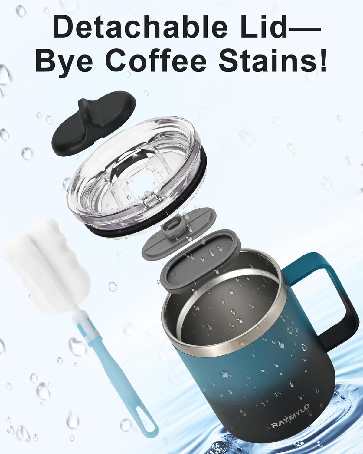 Insulated Coffee Mug 12 oz, Double Wall Stainless Steel Coffee Mug with Lids, Leak-Proof & Detachable Slider Lid for Thorough Clean, Keeps Coffee Cold for 9 Hrs, Suitable for Camp Home Office