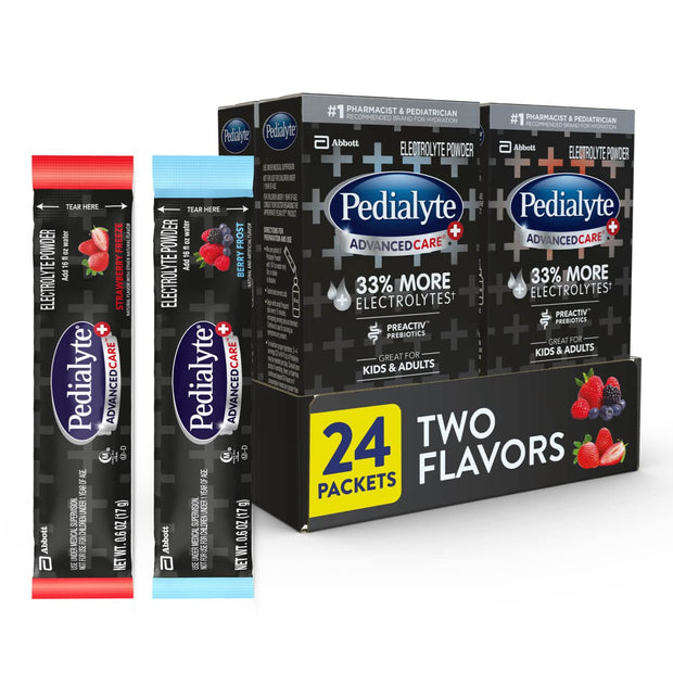 Pedialyte AdvancedCare Plus Electrolyte Powder, Has 33% More Electrolytes and PreActiv Prebiotics, Berry Frost, 18 Powder Packets