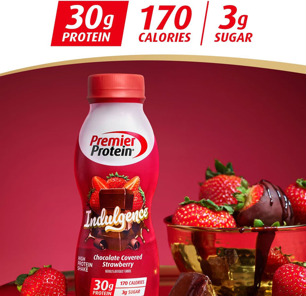 Premier Protein Indulgence Protein Shake, 30g Protein, 3g Sugar, Chocolate Covered Strawberry, 11.5 fl oz, Pack of 12