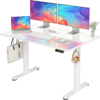 INNOVAR Glass Standing Desk, 48x24 Inch White Standing Desk Adjustable Height Electric Stand Up Quick Install for Computer Desks, Super White