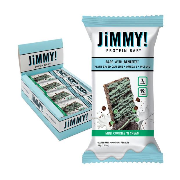 JiMMYBAR! - Cookies N Cream Protein Bars 19g Protein Bar - 7g Low Sugar - 12 Count - 58g Health Bars - Functional Snack with Real Food Ingredients - Hand-Drizzled Chocolate - Made With Real Peanuts