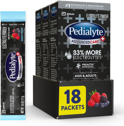 Pedialyte AdvancedCare Plus Electrolyte Powder, Has 33% More Electrolytes and PreActiv Prebiotics, Berry Frost, 18 Powder Packets