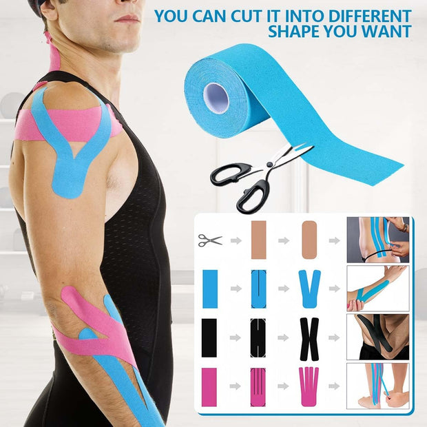 OBTANIM 4 Rolls Waterproof Breathable Kinesiology Tape, Athletic Elastic Kneepad Muscle Pain Relief Knee Taping for Gym Fitness Running Tennis Swimming Football (Black, Skin, Pink, Light Blue)