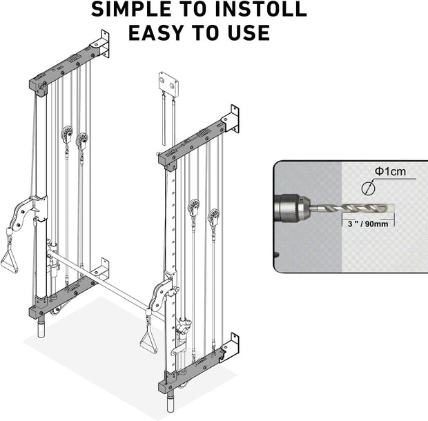 Wall-Mounted Folding Smith Machine Home Gym, All-in-One Compact Power Cage & Cable Pulley Trainer with 125–250LB Dual-User Resistance Band System for Home, Garage, Basement Fitness