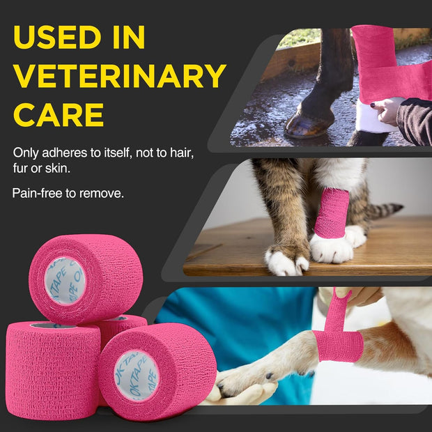 OK TAPE 12 Rolls Self Adhesive Bandage Wrap, Elastic Athletic Tape, Self Stick Bandage Tape, Vet Wrap, Medical Wrap for Wrist, Feet, 2" x 5 Yards - Pink