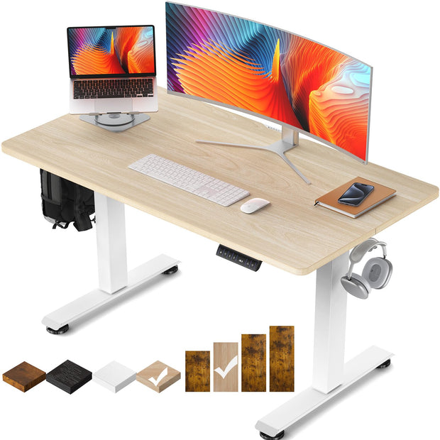 Veken 47.2" Standing Desk Electric, Height Adjustable Sit Stand Up, Wood Desktop, Work Home Office, Computer PC Table, Writing Rising Desks, Brown