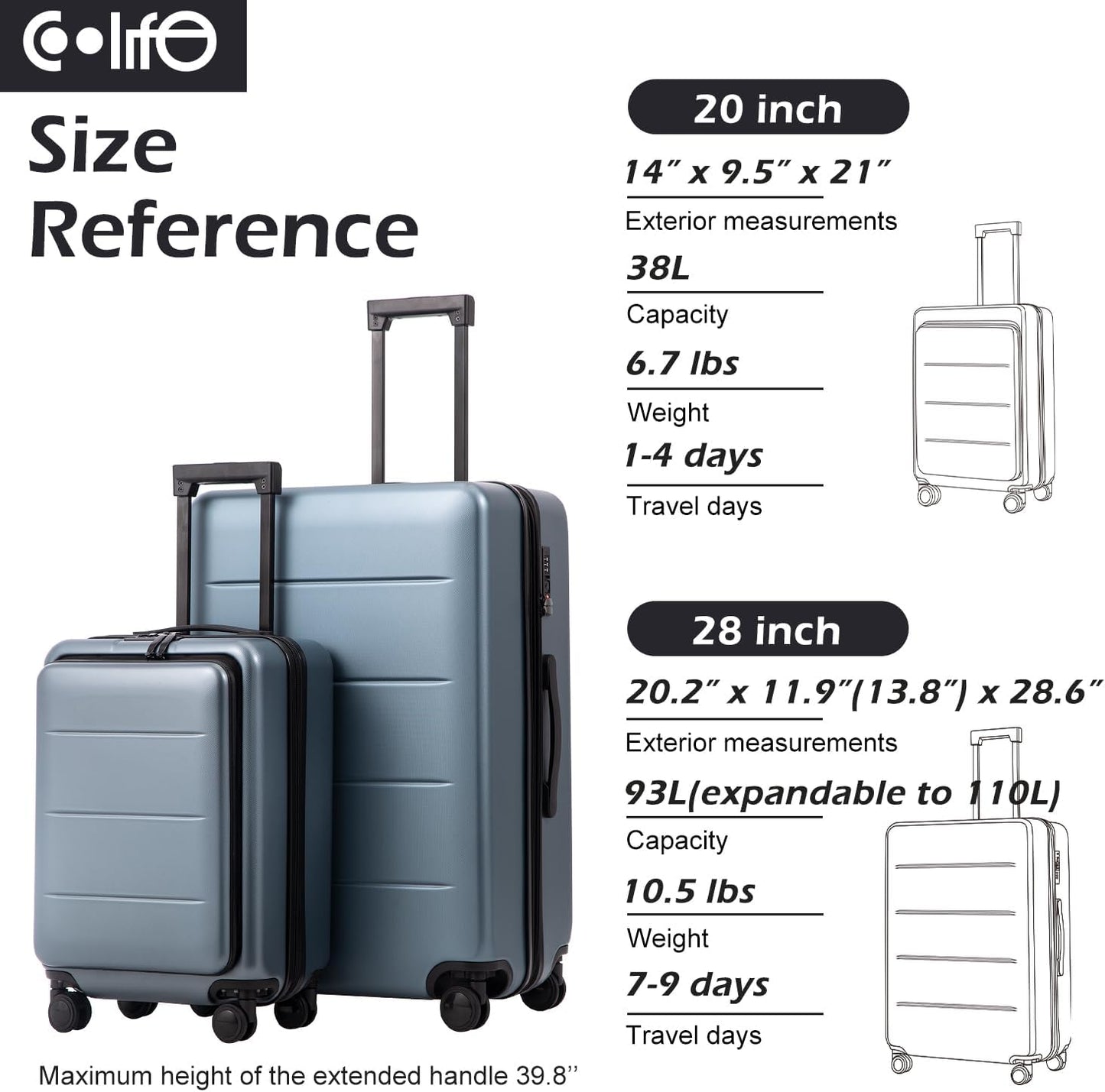 COOLIFE Luggage Suitcase Piece Set Carry On ABS+PC Spinner Trolley with pocket Compartmnet Weekend Bag(Night navy, 2-piece Set)