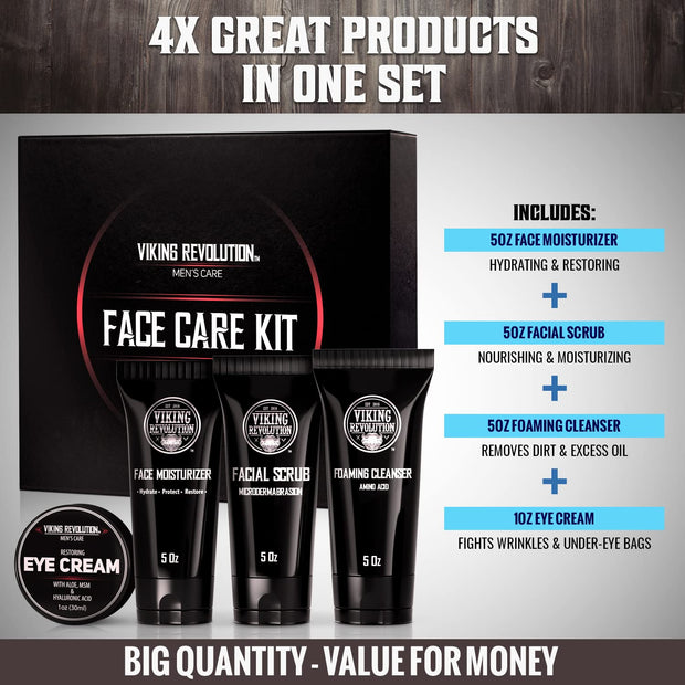 Viking Revolution Mens Facial Skin Care Kit - Includes Rejuvenating Face Moisturizer (5oz) Microdermabrasion Facial Scrub (5oz) Foaming Cleanser (5oz) Eye Cream (1oz)