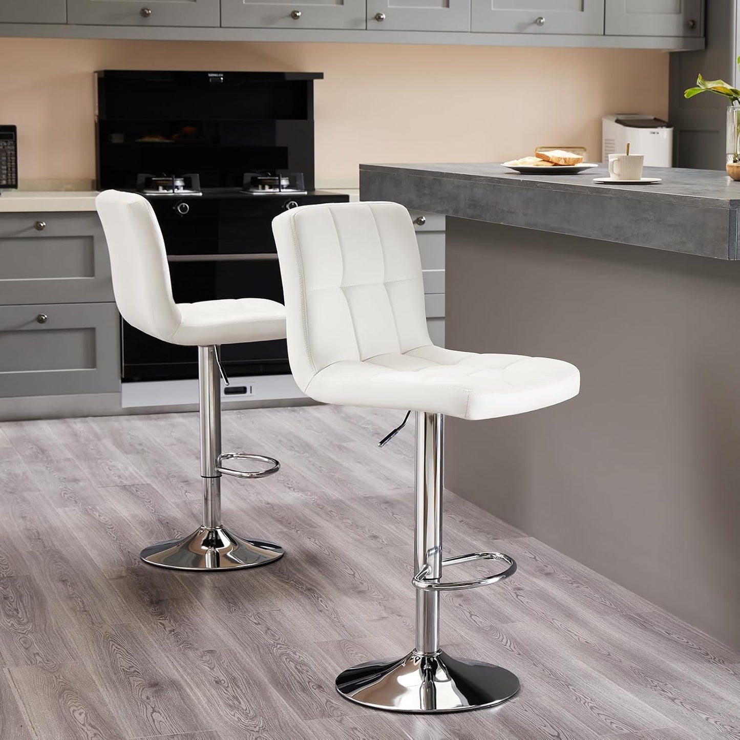 Bar Stools Set of 2, Armless Hydraulic Kitchen Height Counter Bar Stools, PU Leather Adjustable Swivel Barstools, Thickened Square Seat Cushion Barstool with Back, White