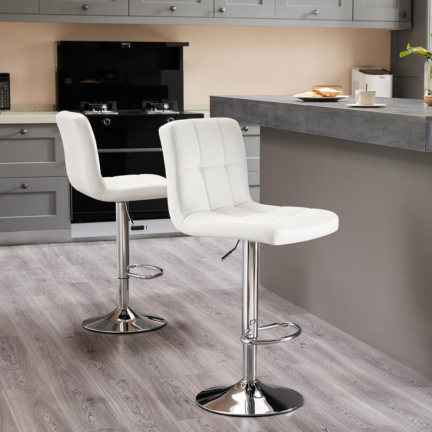 Bar Stools Set of 2, Armless Hydraulic Kitchen Height Counter Bar Stools, PU Leather Adjustable Swivel Barstools, Thickened Square Seat Cushion Barstool with Back, White
