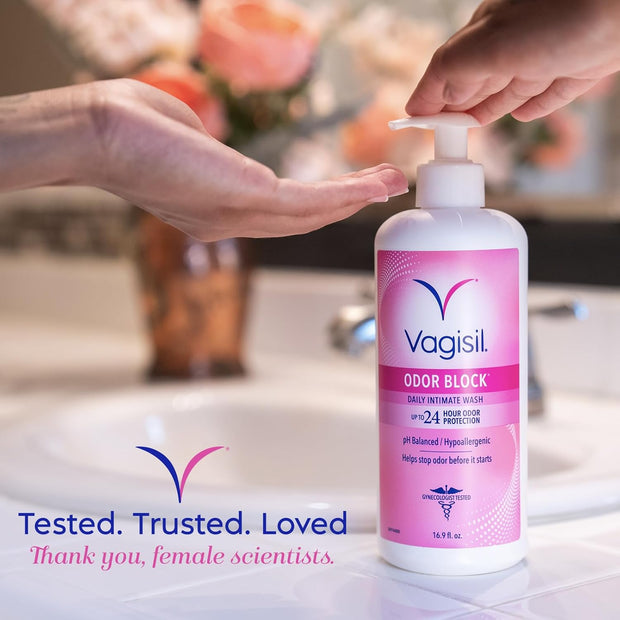 Vagisil Feminine Wash for Intimate Area Hygiene, Odor Block, Gynecologist Tested, Hypoallergenic, 16.9 oz with Pump