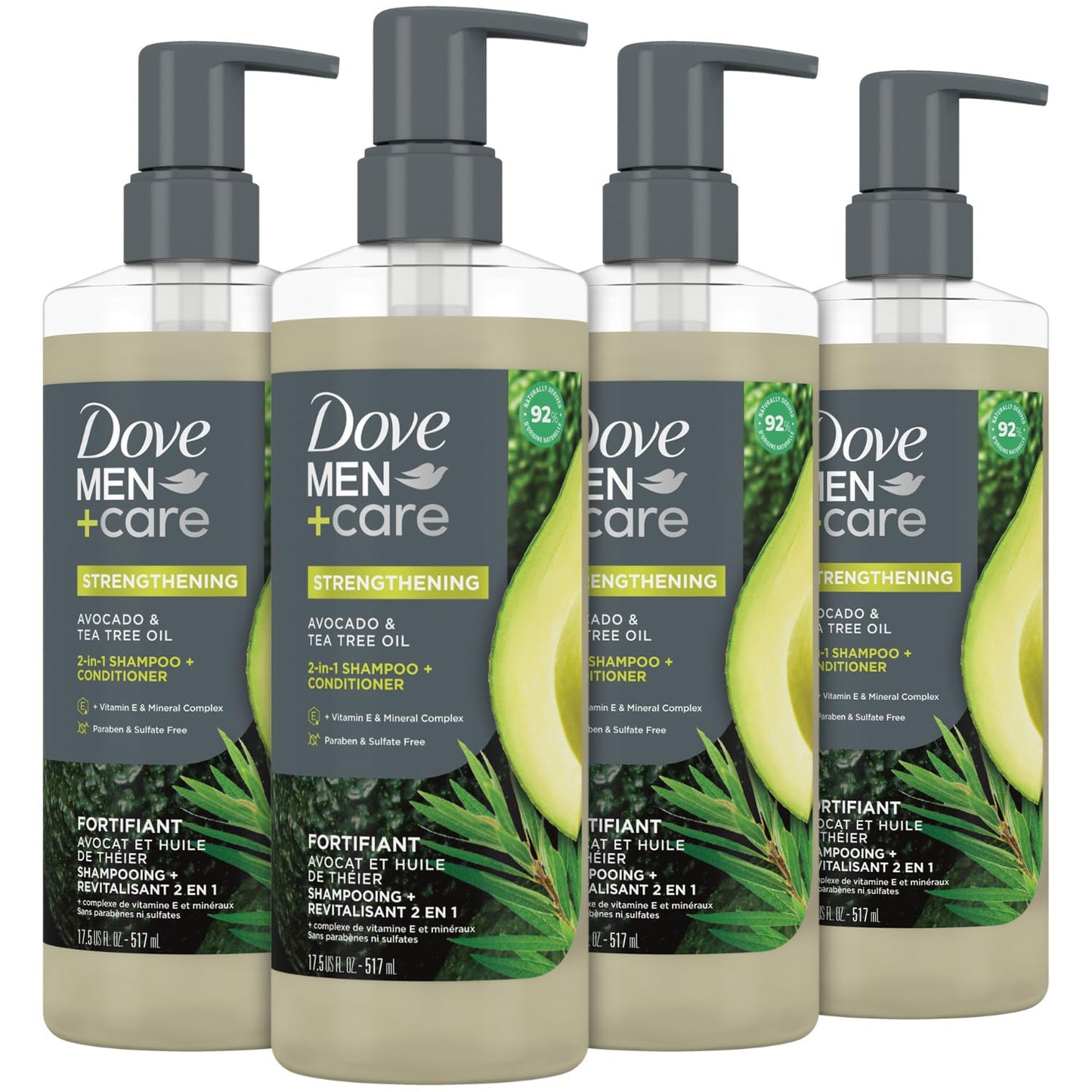 Dove Men+ Care 2-in-1 Shampoo & Conditioner, Avocado & Tea Tree, Strengthening – Men’s Shampoo & Conditioner, Sulfate-Free, with Vitamin E, Zinc & Copper for Strong, Healthy Hair, 17.5 Oz (Pack of 4)