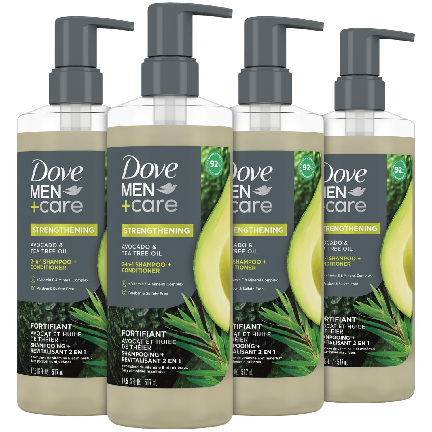 Dove Men+ Care 2-in-1 Shampoo & Conditioner, Avocado & Tea Tree, Strengthening – Men’s Shampoo & Conditioner, Sulfate-Free, with Vitamin E, Zinc & Copper for Strong, Healthy Hair, 17.5 Oz (Pack of 4)