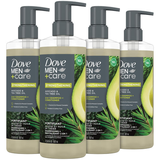 Dove Men+ Care 2-in-1 Shampoo & Conditioner, Avocado & Tea Tree, Strengthening – Men’s Shampoo & Conditioner, Sulfate-Free, with Vitamin E, Zinc & Copper for Strong, Healthy Hair, 17.5 Oz (Pack of 4)