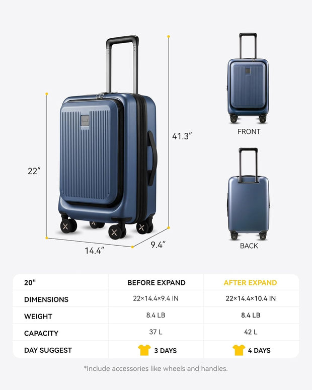 LUGGEX Carry on Luggage 22x14x9 Airline Approved, PC Hard Shell Suitcase with Front Pocket, Expandable Luggage with USB Port (Blue, 20 Inch, 37L)