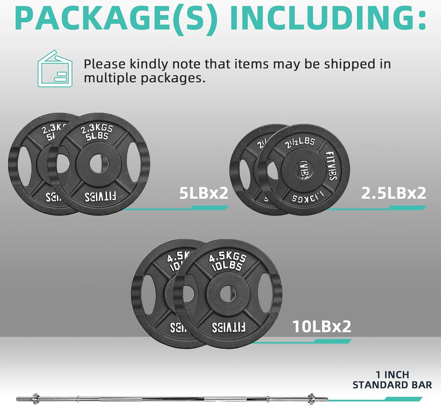 Cast Iron 1" Standard Weight Plates Including 5FT Standard Barbell Bar & Star Locks, 45 Pounds Set (35 Lbs Plates + 10 Lbs Barbell Bar), Multiple Packages