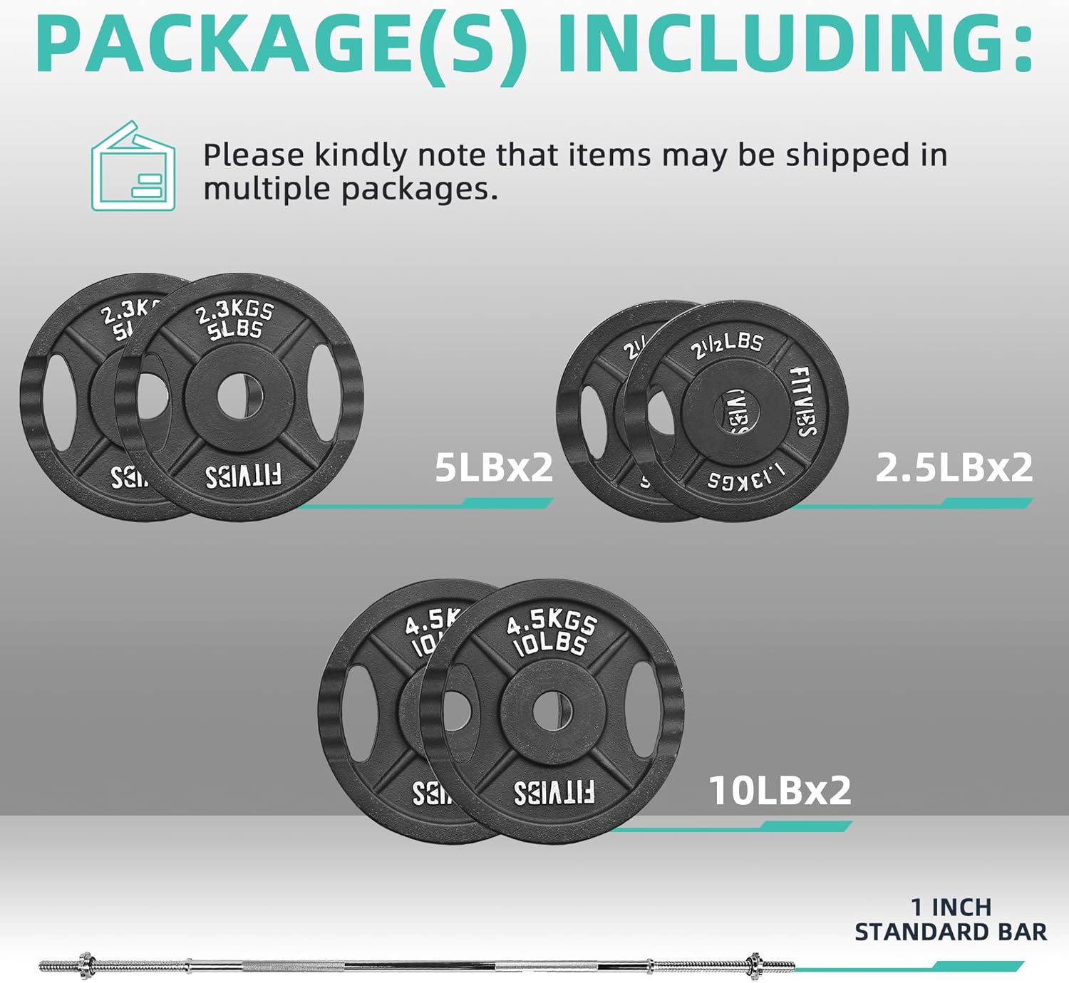 Cast Iron 1" Standard Weight Plates Including 5FT Standard Barbell Bar & Star Locks, 45 Pounds Set (35 Lbs Plates + 10 Lbs Barbell Bar), Multiple Packages
