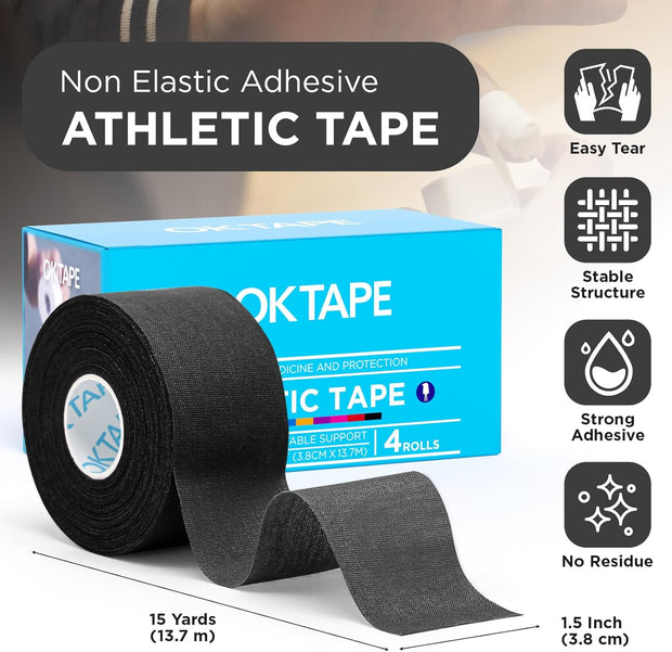 OK TAPE 4 Rolls Athletic Tape, Sports Tape for Injuries, Rigid, Easy Tear Medical Tape, Wrist Tape, No Sticky Residue | Secure Ankle, Finger, Knee- 1.5inch x 15yards (Purple)
