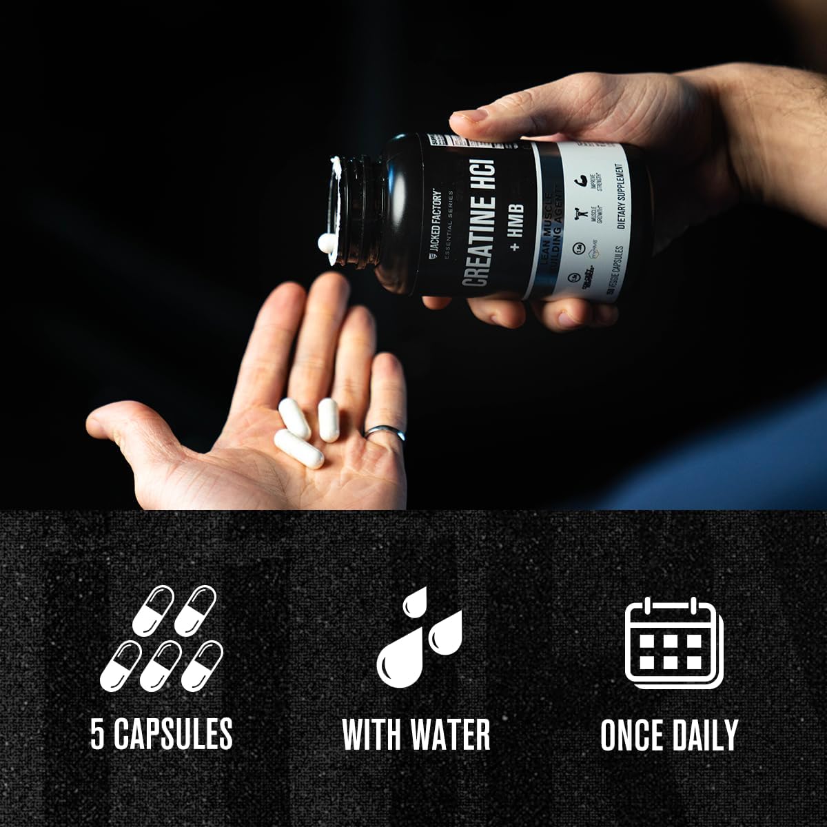 Jacked Factory Creatine HCL + HMB Capsules - Synergistic CON-CRET, myHMB, & Vitamin D Formula for Improved Growth, Strength, & Reduced Muscle Breakdown - 150 Capsules