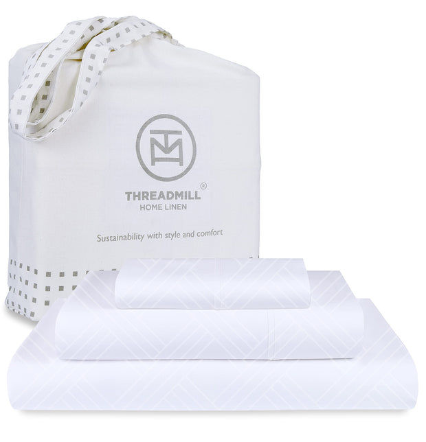 Threadmill Luxury 100% Cotton King Size Sheets Set- 800 Thread Count Jacquard Celine Hotel White, Better Than Egyptian Cotton,4 Pc Striped Bed Set, Damask Bed Sheets with 16" Deep Pocket