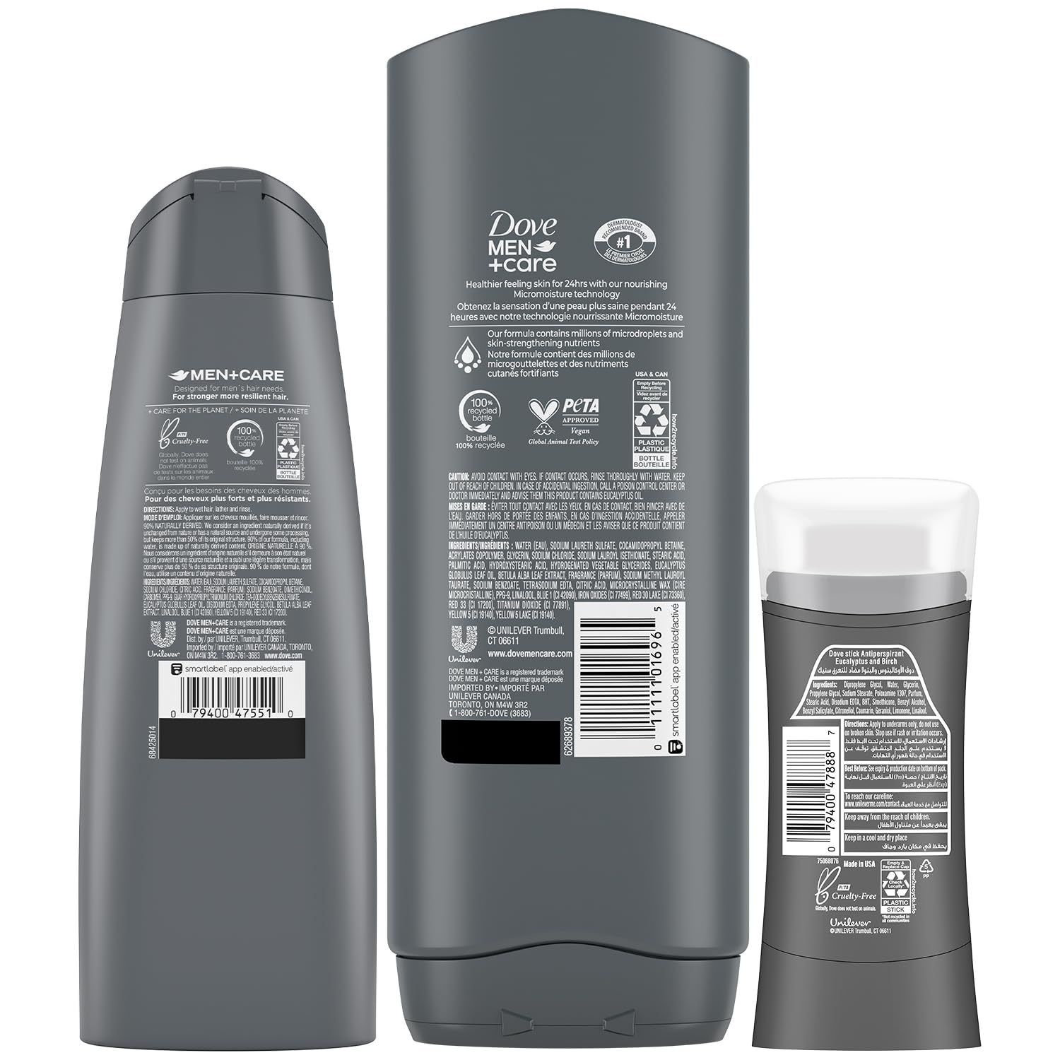 Dove Men + Care Bundle – Blue Eucalyptus + Birch Body + Face Wash, 2-in-1 Shampoo + Conditioner & 48H Aluminum-Free Deodorant (3 Piece Set)
