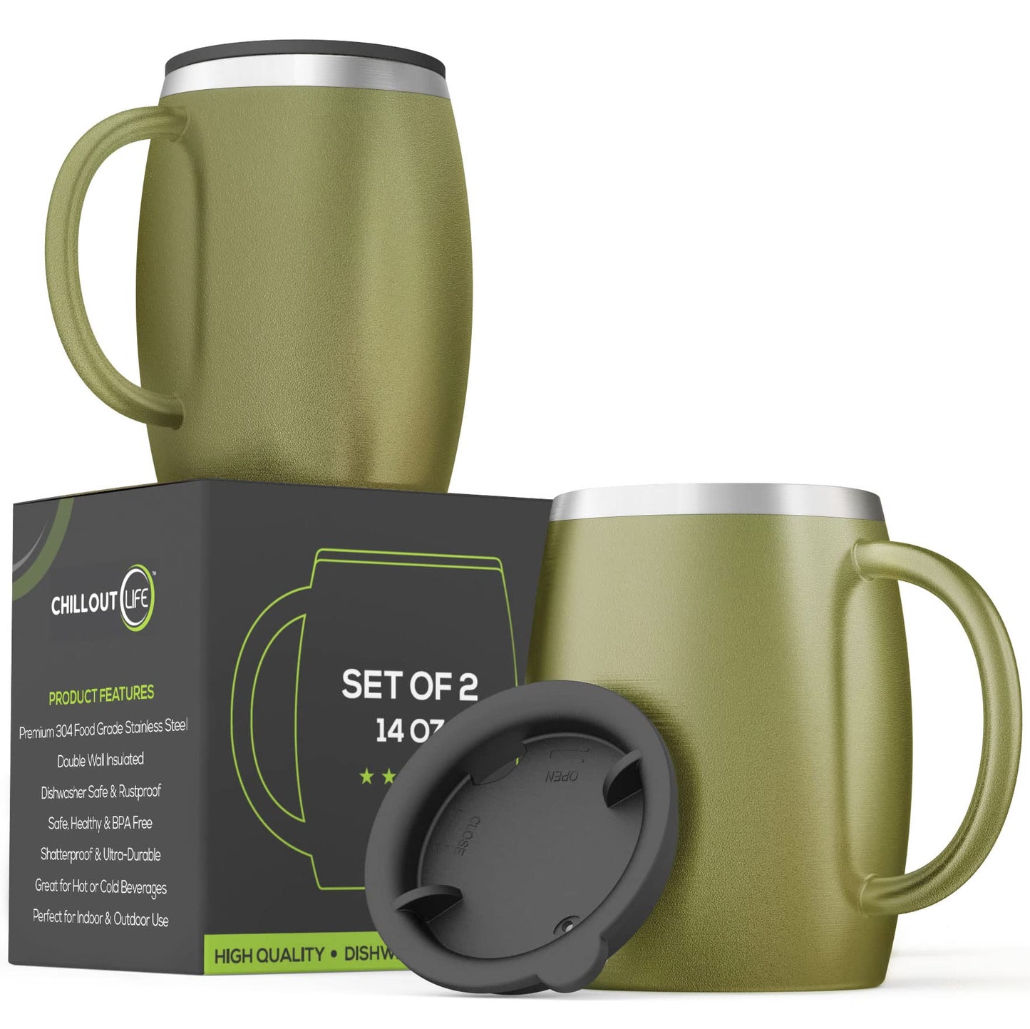 CHILLOUT LIFE Stainless Steel Insulated Coffee Mugs Set of 2 (14oz) – Double Wall Coffee Cups with Spill Resistant Lid & Strong Handle, Shatterproof Cups for Cold Drinks and Hot Beverages