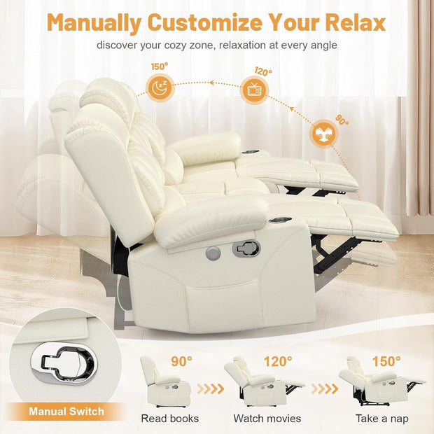 Loveseat Recliner Sofa, Flip Middle Backrest Design PU Leather 3 Seat Reclining Sofa with Storage Drawer, Manual Couch for Living Room (Ivory White, PU)