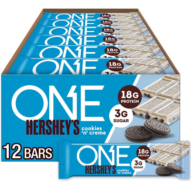 ONE Protein Bars, NEW Hershey's Double Chocolate, Gluten Free with 18g Protein and 3g Sugar, Pantry Staples 2.12 oz (12 Pack)