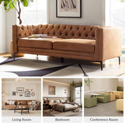 HULALA HOME 84" W Faux Leather Sofa Couch with Metal Legs, Button-Tufted 3-Seater Sofa, Mid Century Modern Upholstered Couch for Living Room, Entertainment Area, Apartment,Camel