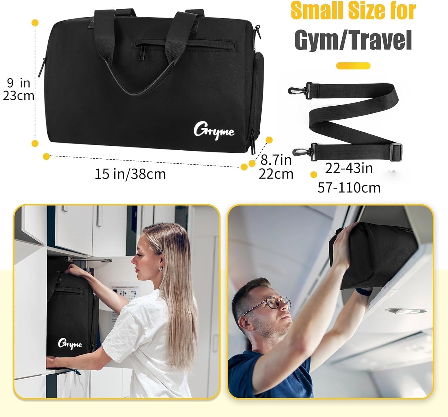 Gryme 15 Inch Small Gym Bag with Shoes Compartment and Wet Pocket, Mini Duffle Bag for Men & Women, Small Sports Bag for Travel Carry On, Swimming, Workout, Weekender Overnight