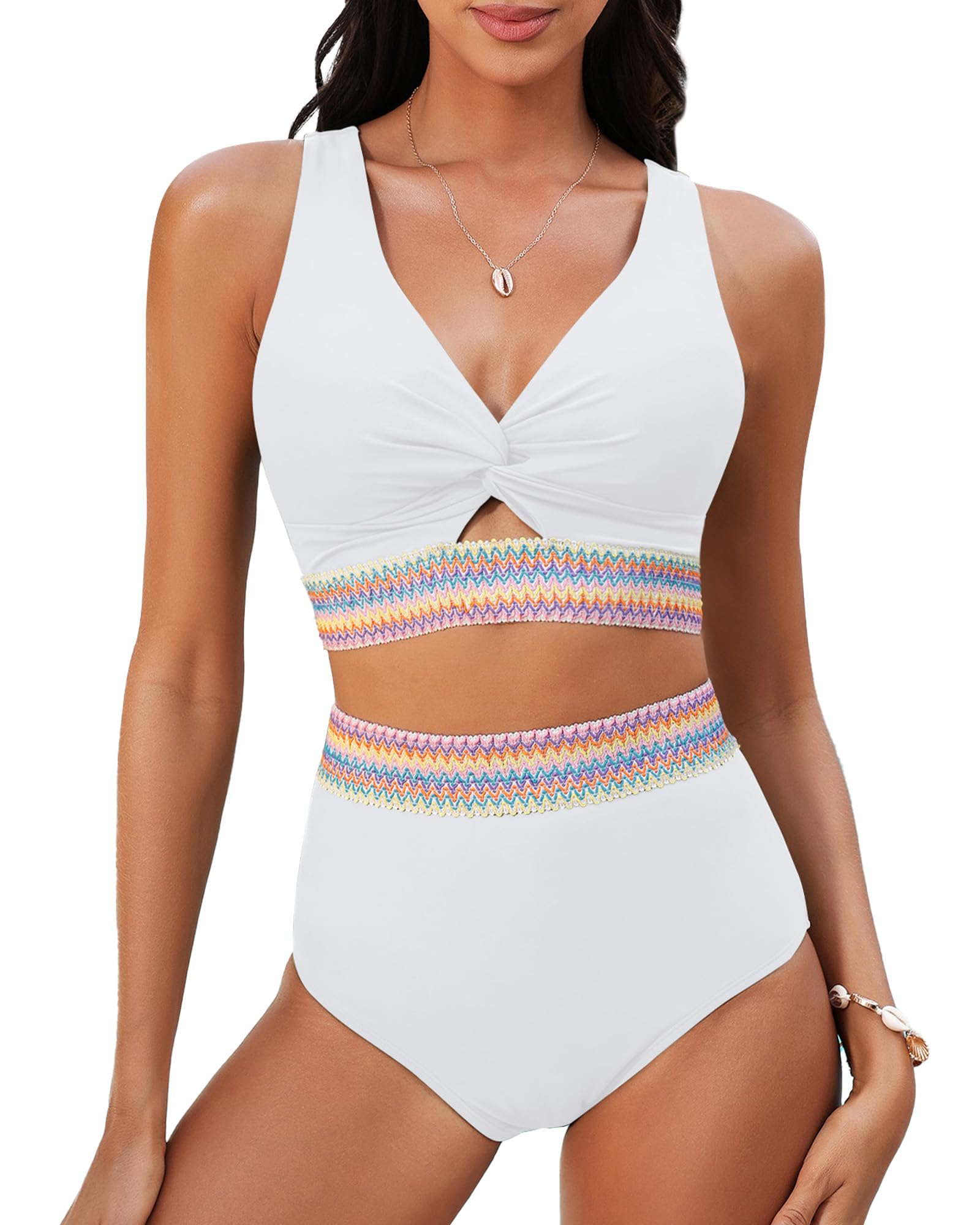 GRAPENT Bikini Sets for Women High Waisted Two Piece Swimsuit Padded Knot Twist Cut Out Color Block Bathing Suit Bikinis
