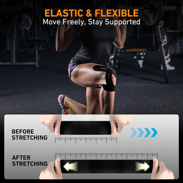 PreCut Kinesiology Tape for Knees, 12 PCS Waterproof KTQUICK Knee Tape for Knee Pain Relief Pre Cut, Original Cotton Athletic Knee Tape, Waterproof & Hypoallergenic Latex-Free for Sports (Black)