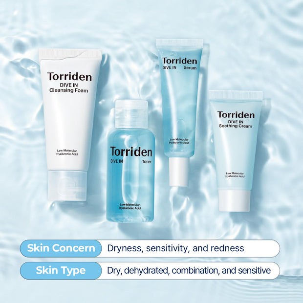 Torriden DIVE IN Trial Kit | Hyaluronic Acid Infused Daily Skincare Kit - 4 Step Regimen with Foam Cleanser, Facial Toner, Serum, and Cream | Korean Skin Care Travel Kit, Travel Essential