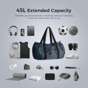 pack all 45L Foldable Duffel Bag, Water-Resistant Sports Gym Bag, Portable Weekender Bag Lightweight for Travel, Fitness and Camping (Navy Blue)
