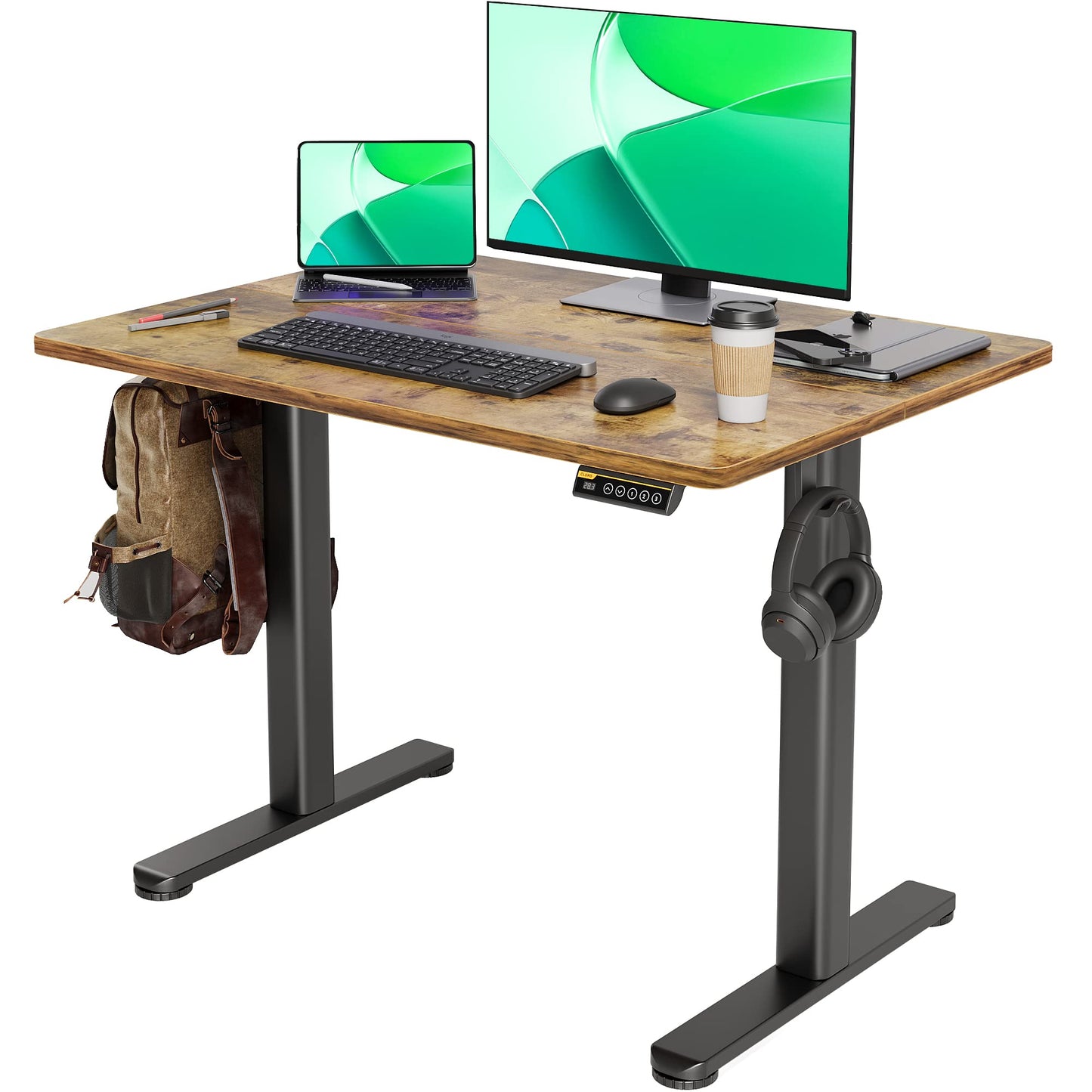 Claiks Electric Standing Desk, Adjustable Height Stand up Desk, 24x48 Inches Sit Stand Home Office Desk with Splice Board, Black Frame/Rustic Brown Top