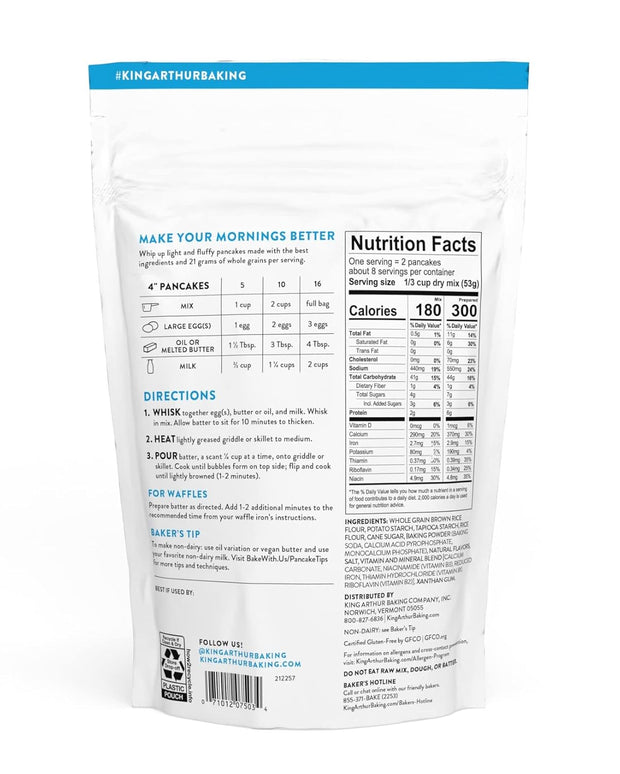 King Arthur Gluten Free Pancake Mix: Non-GMO, Kosher Certified, Easy-to-Prepare Breakfast Delight - Perfect for Fluffy, Delicious Pancakes (15 oz) - Packaging May Vary