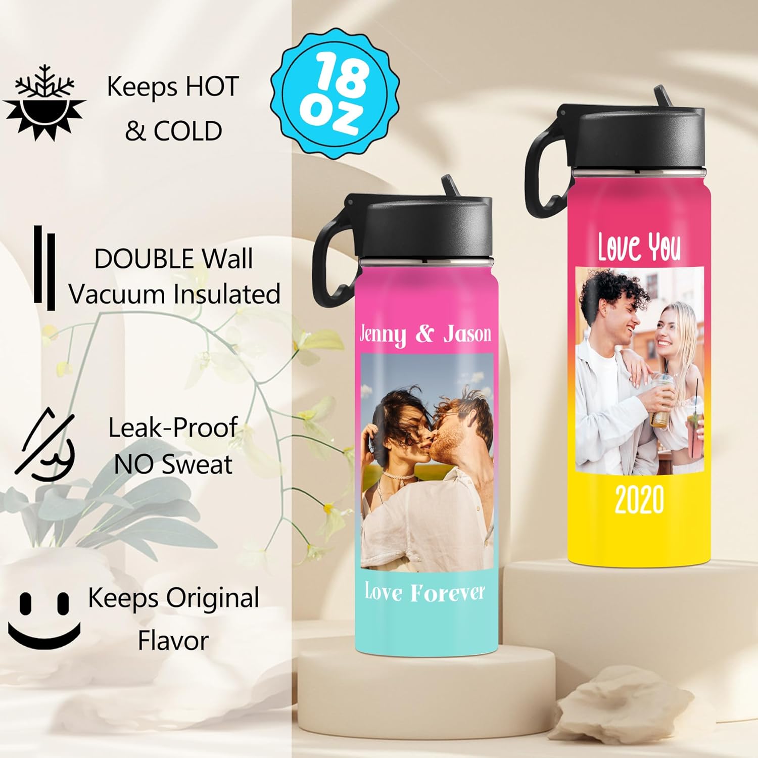 Custom Water Bottle with Photo, 18/32 oz Personalized Picture Stainless Steel Sports Water Bottle for Kids Men Women, Customize Double Wall Vacuum Insulated Bottle Birthday Gifts Water Bottle