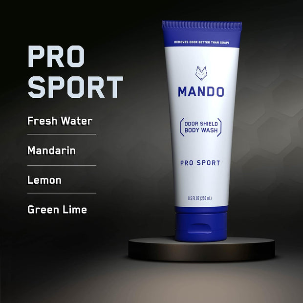 Mando Odor Shield Body Wash - 24 Hour Control - Removes Odor Better than Soap - SLS and Paraben Free, Skin Safe - 8.5 Ounce (Pro Sport)